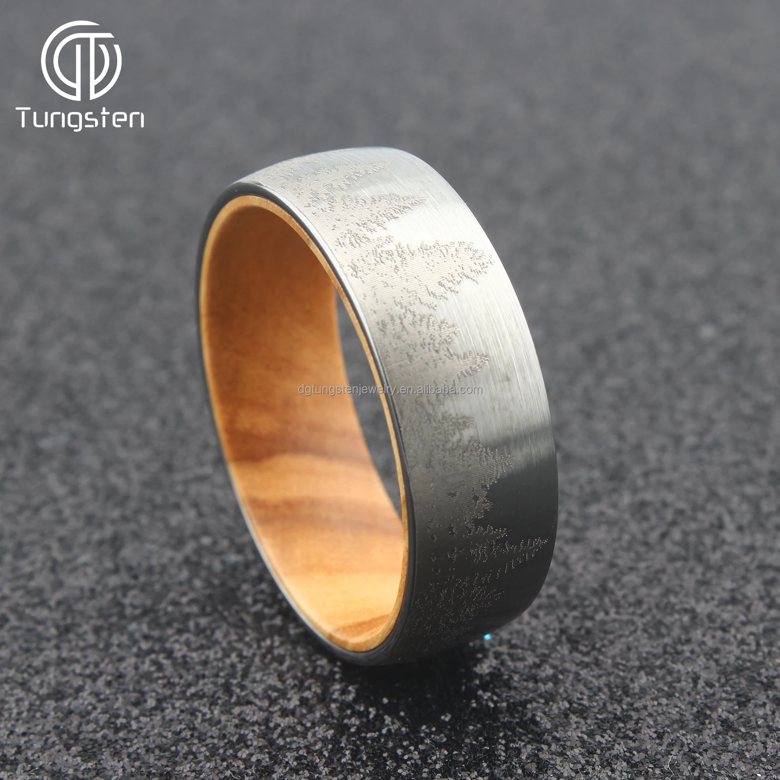 Olive Wood Ring 8mm Tungsten Sleeve Comfort Fit Black Silver Dome Beveled Forest