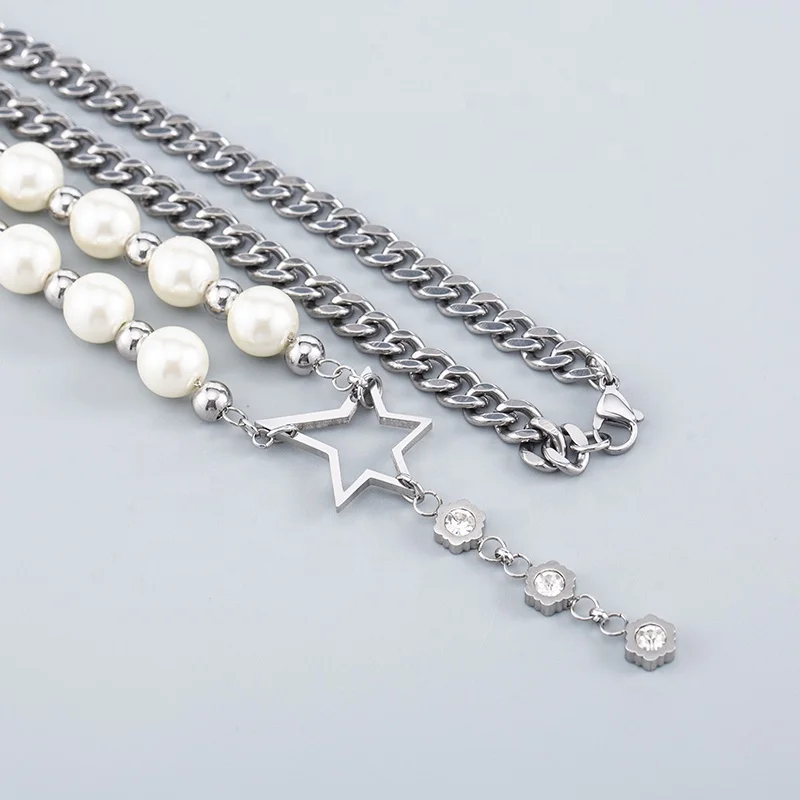 2022 New Punk Trend Men/Women Long Sweater Chain Stainless Steel Rhinestone Pearl Star Pendant Necklaces