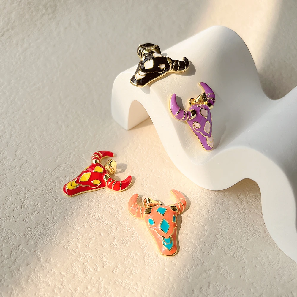 18k gold plated colorful oil dripping bull head necklace