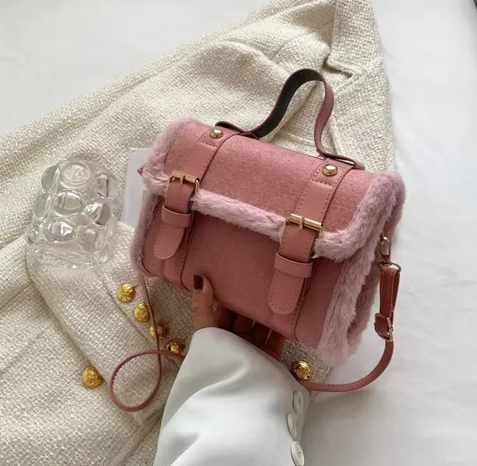 CCF299 Winter Faux Fur Handbag Designer Small Soft Plush Crossbody Bags for Women Fashion Wide Strap Women Shoulder Bag Mini Bag