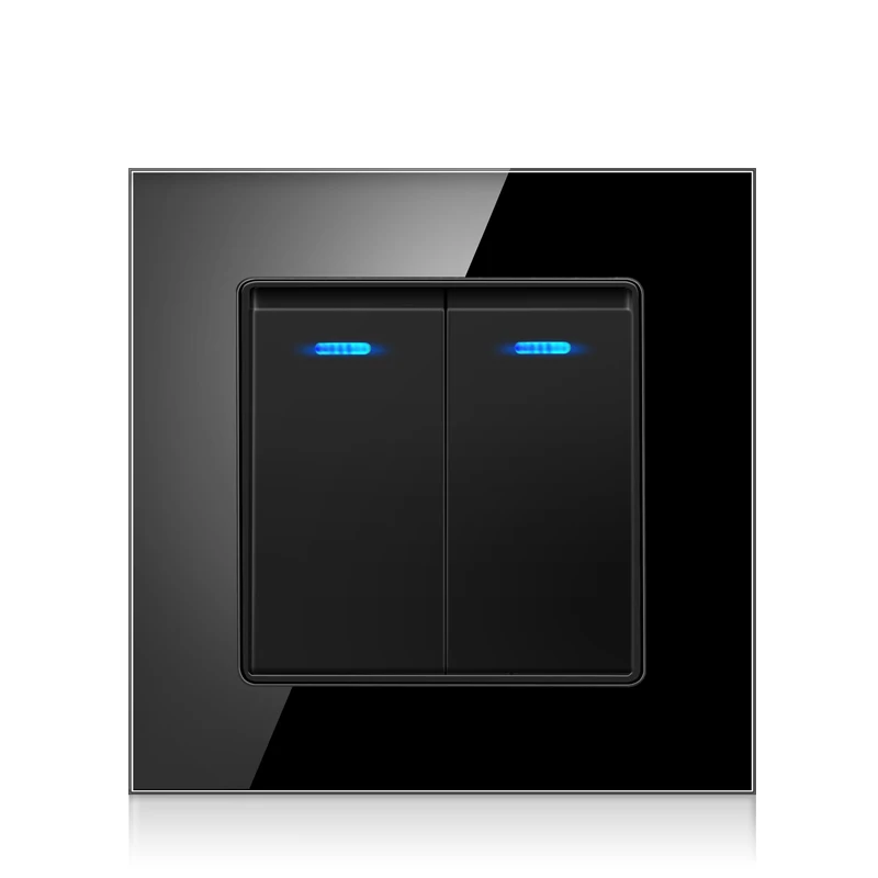 Crystal glass panel 2 Gang 2 way pass through LED indicator 16A On/Off light switch Stair wall switch