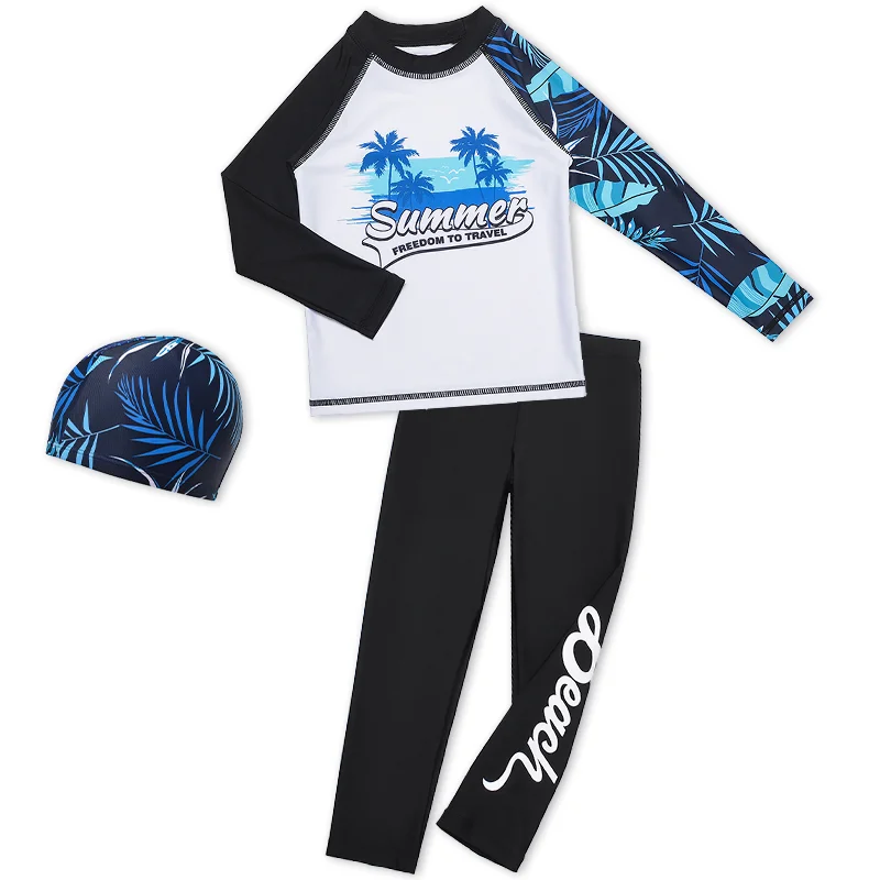 Little Boy Swimsuit 3 Piece Rash Guard Set for 4-14 Years UPF 50+ UV Protective Long Sleeve Swimwear Rash Guard Swimsuits