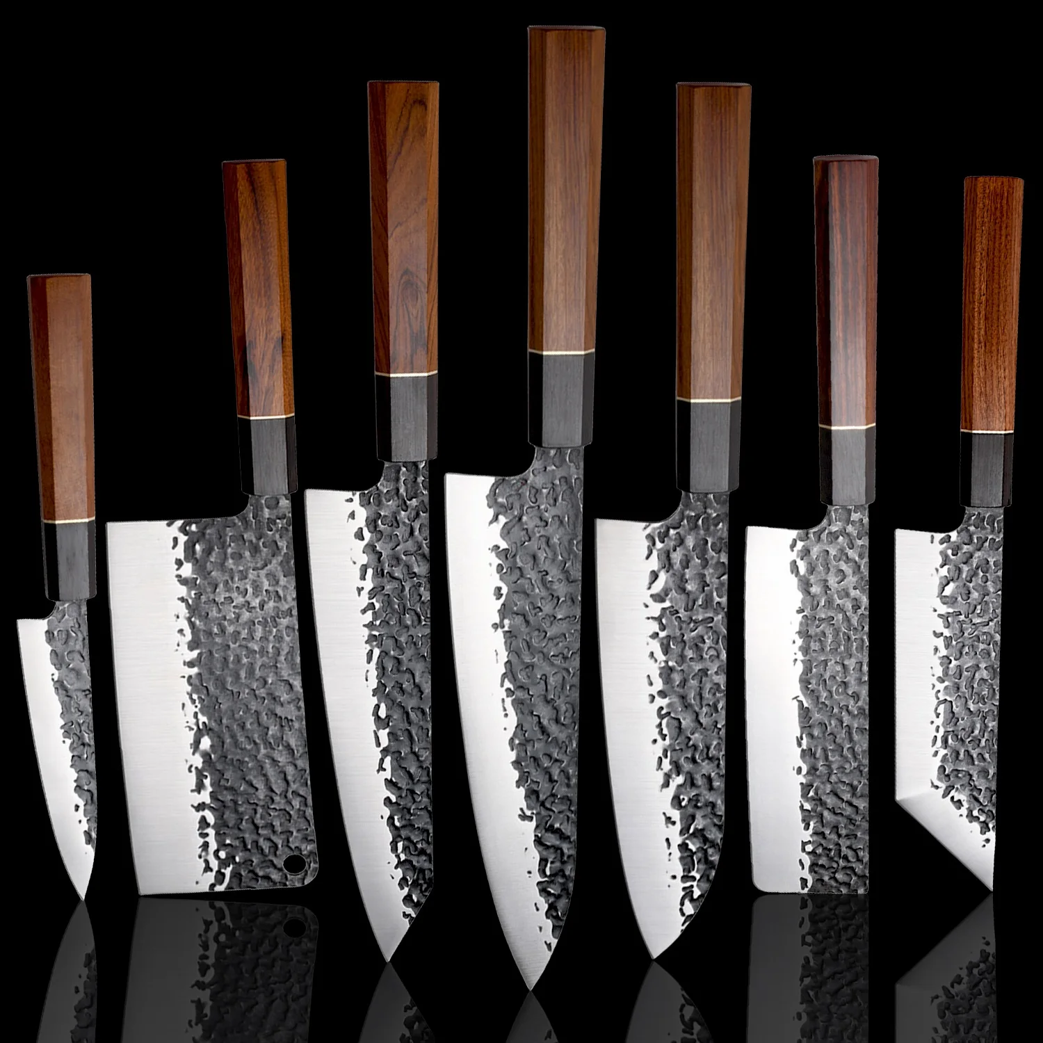In Stock Hammered Forged 3Layers Damascus Steel Kitchen Knife Set with Wood Handle Kitchen Chef Knife 7pcs Japanese Knives set