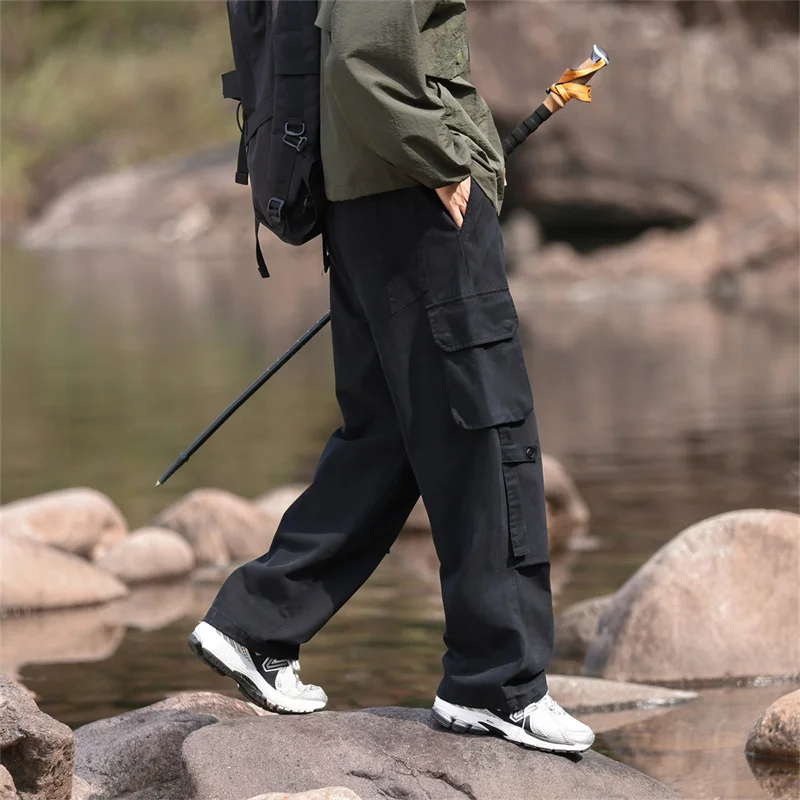 Workwear Style Drawstring Cargo Packet Stretchable Waist Cargo Pants Outdoor Active Wear-Resistant Work Trousers for Men