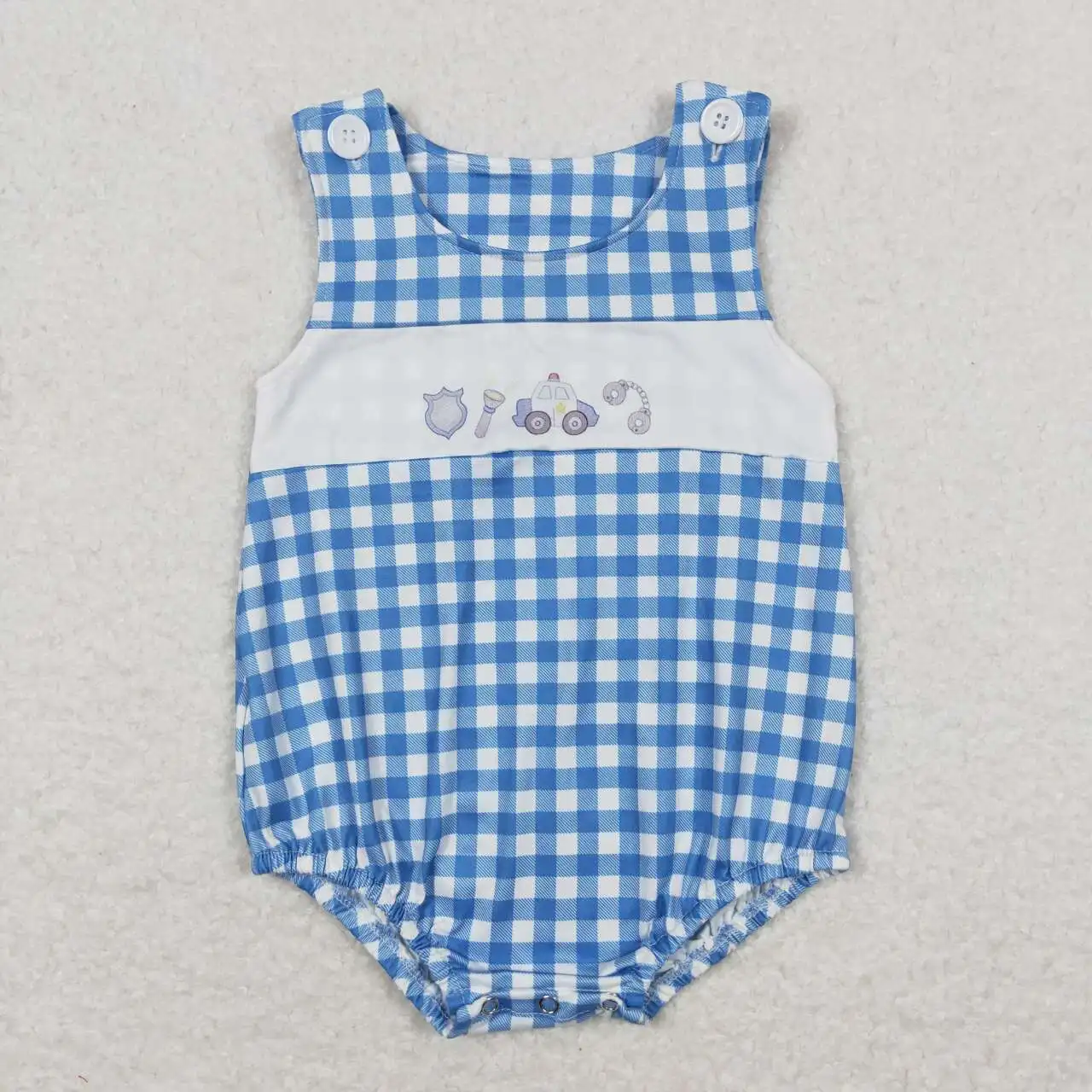 Girls clothes rompers sleeveless blue plaid police car wholesale baby boys summer romper suit boutique suit low price clothes