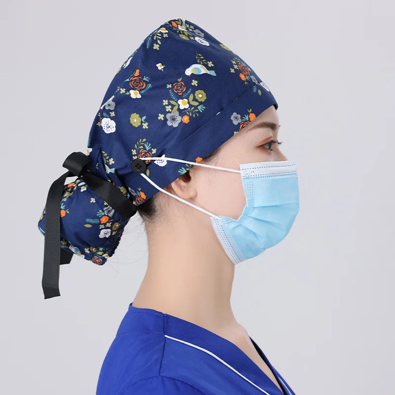 Best Quality Solid Color Satin Embroidered Hat For Long Short Hair Vets Nurse Doctor Surgical Scrub Caps With Bow Tie