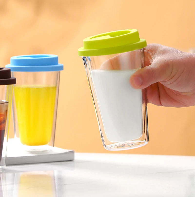 350ml Customized High Quality Handmade Blown Double Wall Glass Insulated Tumbler Glass Cup with Lid for Coffee Jiuce and Water