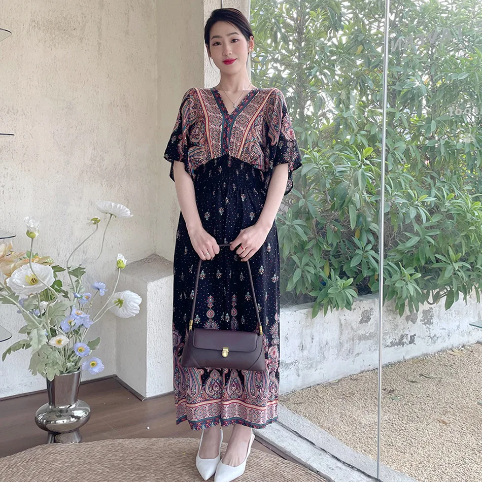 Southeast Asia travel Thai style cotton silk floral dress Female summer national style V-neck short-sleeved garden style skirt