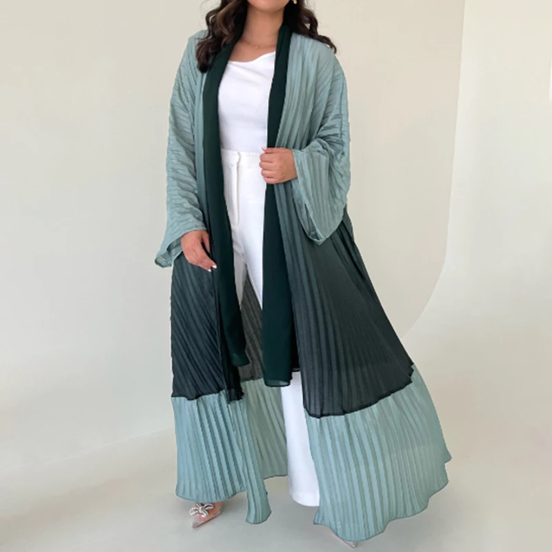 Dubai Middle East two tone chiffon pleated dress abaya factory custom doubles side open abaya with chiffon hijab