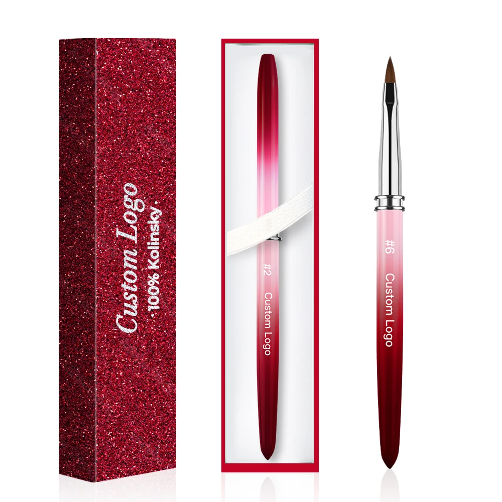 #2 #4 #6  Kolinsky Nail Brush Custom Ombre Burgundy Marble Handle 3D Nail Art Brush Gel Brush For Nails