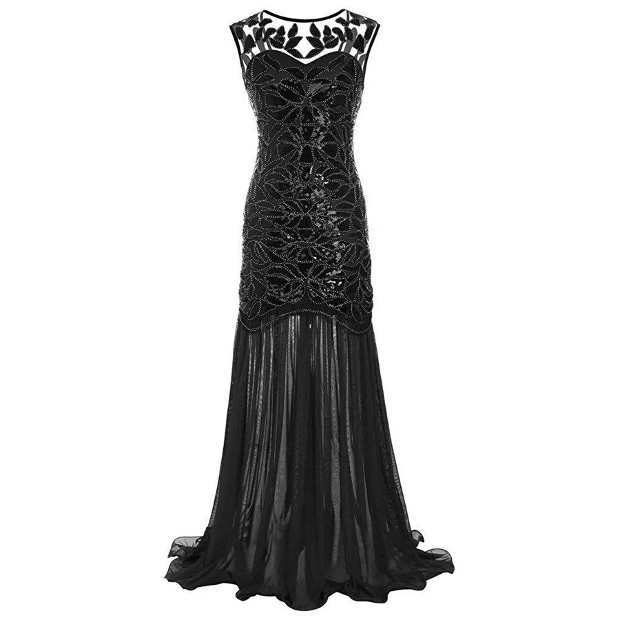 1920s Vintage Sequin Long Evening Dress Sexy Black Beads Dresses for Women