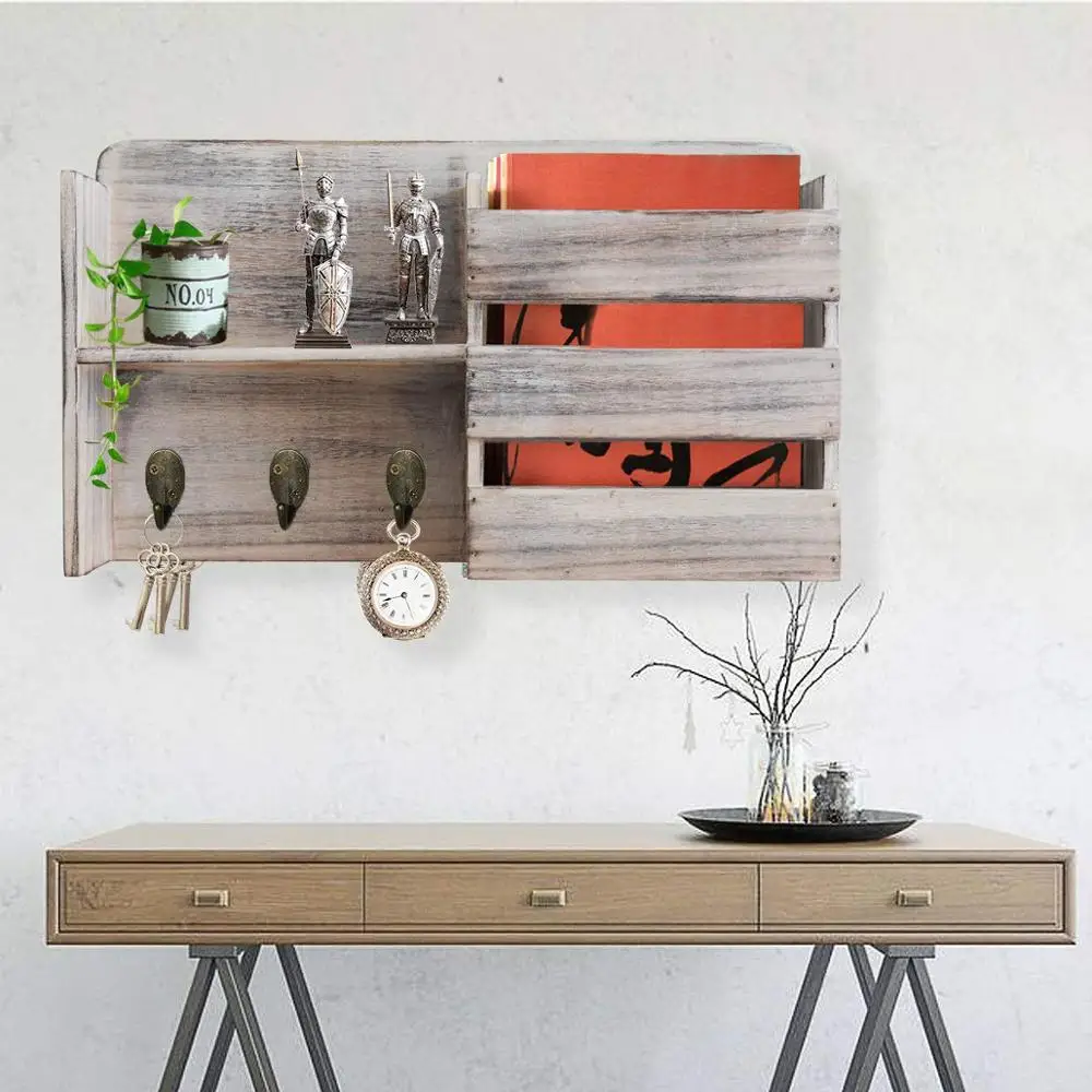 JUNJI Roll Over Image to Zoom in Honest Torched Wood Rustic Wall Mounted Key & Mail Holder Rustic Wood Floating Wall Shelves
