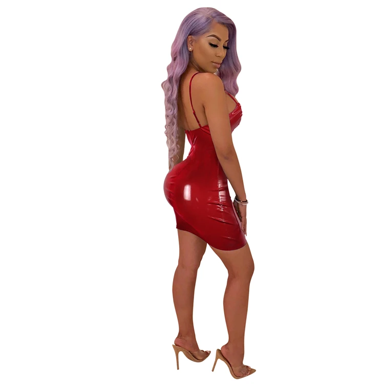 Womens Sexy PU Leather Hollow Out Spaghetti Strap Bodycon Mini Dress Clubwear