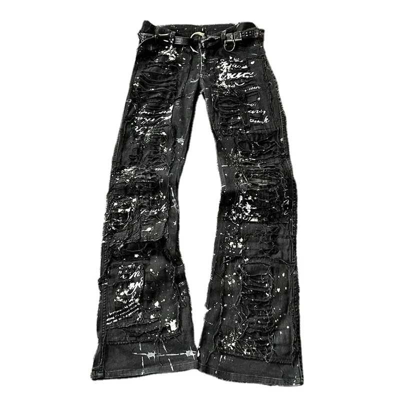 DiZNEW OEM clothing manufacturer Wholesale Pants men Jeans 2025 Fashion ripped and painted black jeans