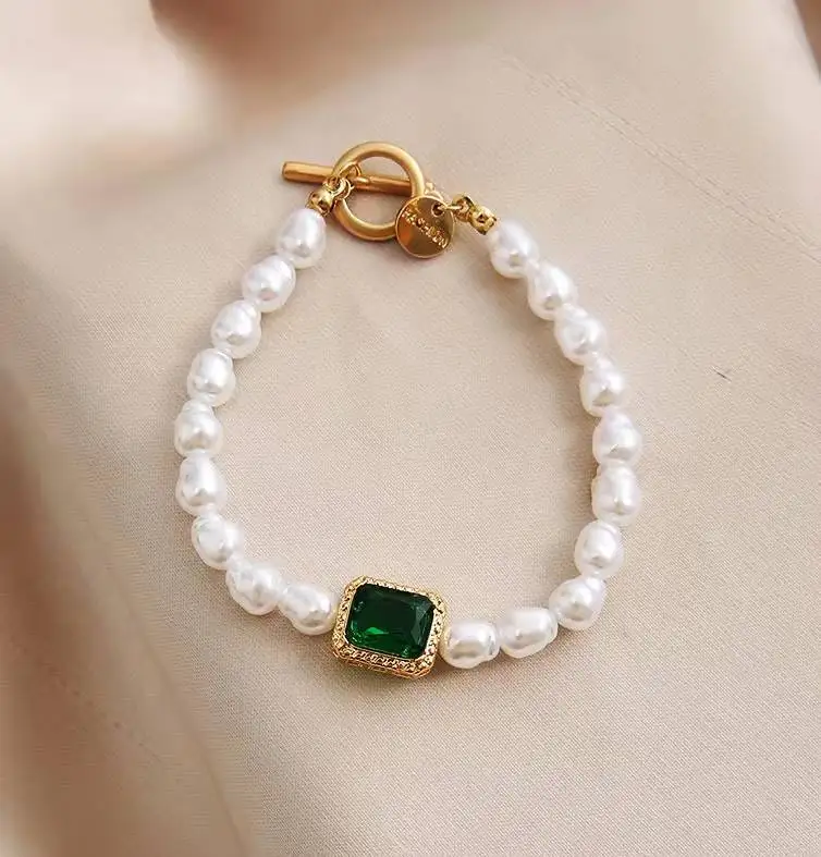 Baroque Full Freshwater Pearl Green gem Bracelet Natural Bead Stone Ot Buckle Bracelet