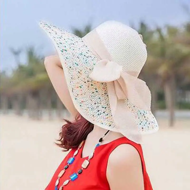 
Fashion Straw Hat Ribbon Big Floppy Brim Visor Hat Summer Beach Visor Cap 