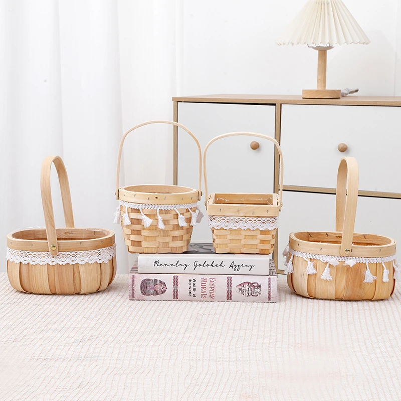 Gift Handmade Woven Willow Wood Lining Oval Storage Basket with Handles Flower Pot Baskets for Lady Girls