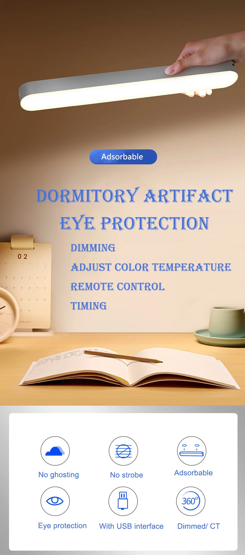 2023 5V hot sale dormitory  smart desk lamp adsorption led eye protection plug-in, charging  and remote control models available