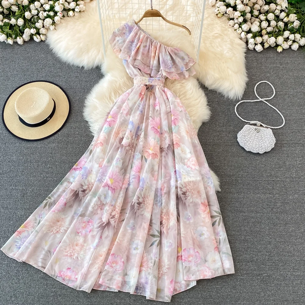Seaside Holiday Fashion Dress Oblique Neck Single Side Open Shoulder Lotus Leaf High Waist Printed Dress Women
