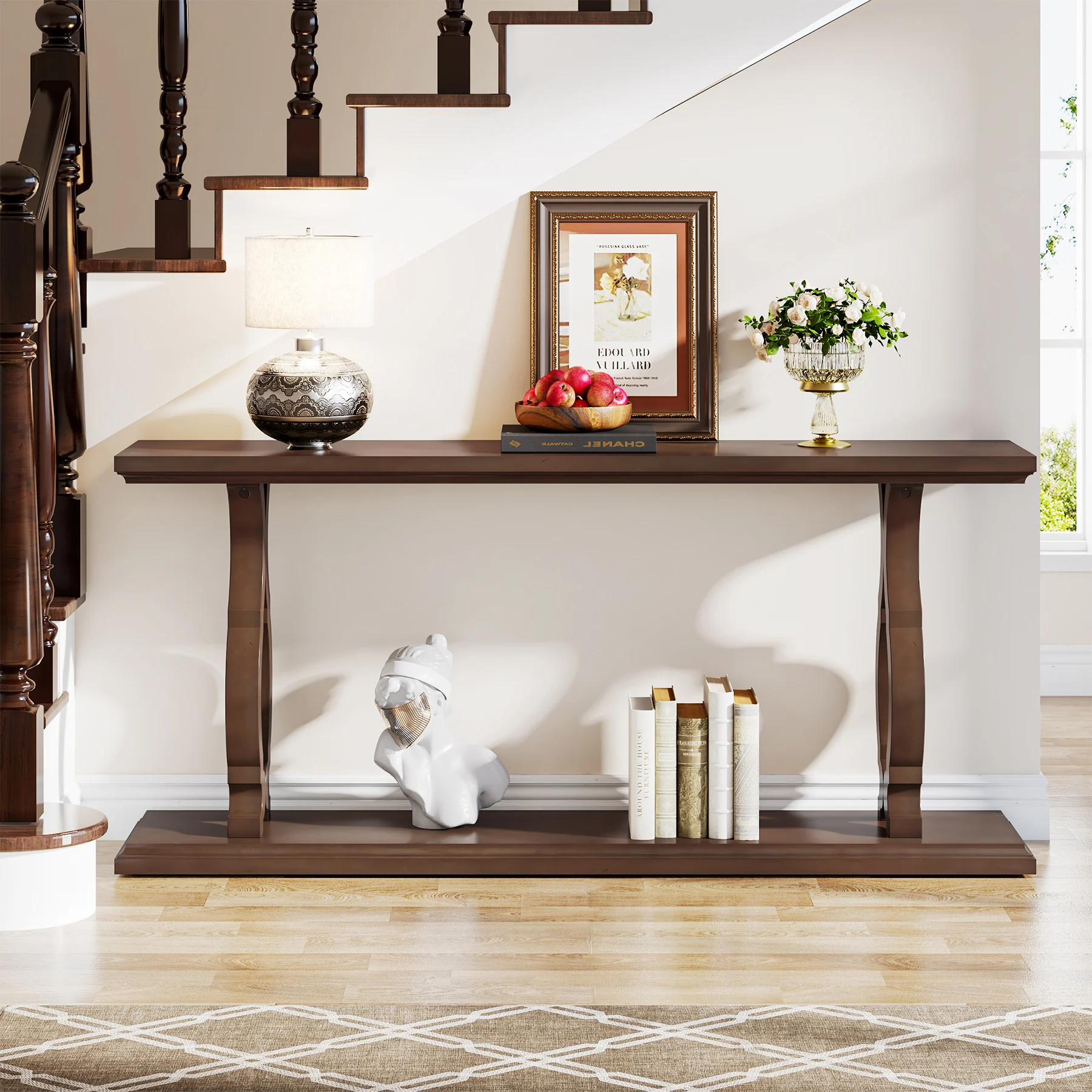 Modern antique farmhouse 2 tier entry console table wood vintage retro with open storage for living room entrance, hallway