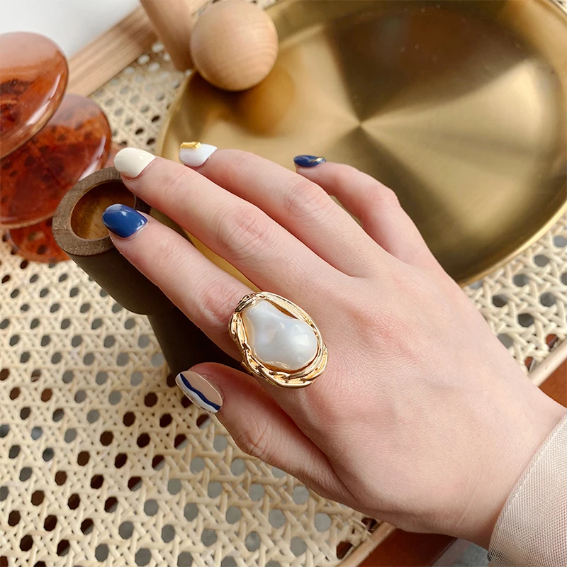 Wave Shape Irregular Baroque Pearl Rings Simulated Pearl Textured Geometric Rings for Women Vintage Jewelry Adjustable 2021
