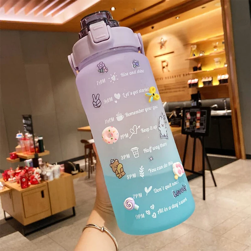 Gallon Water Bottle with Straw Sports Gradient Bottle Cute Cartoon Sticker Big Capacity Trending Gym Plastic Water Bottle