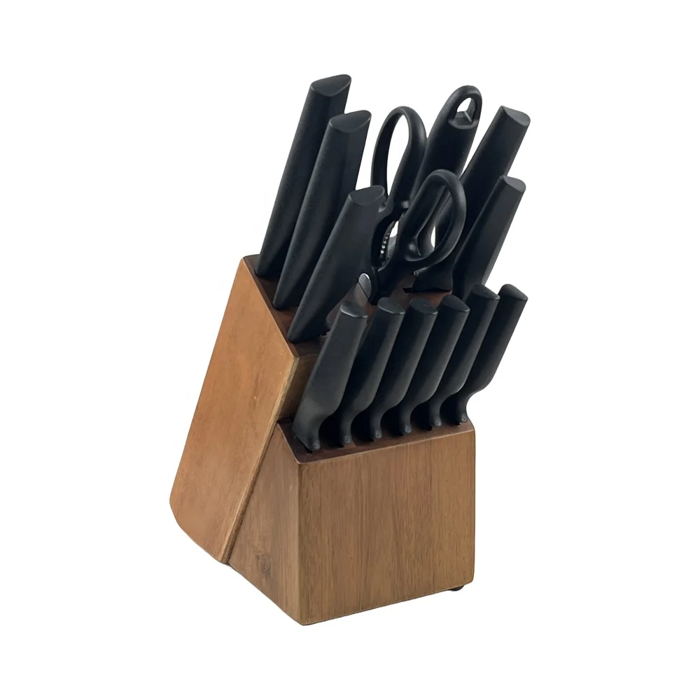 Professional 14 Pieces Black Plastic Handle Non-stick Kitchen Knife Sets with Acacia Wooden Block Set