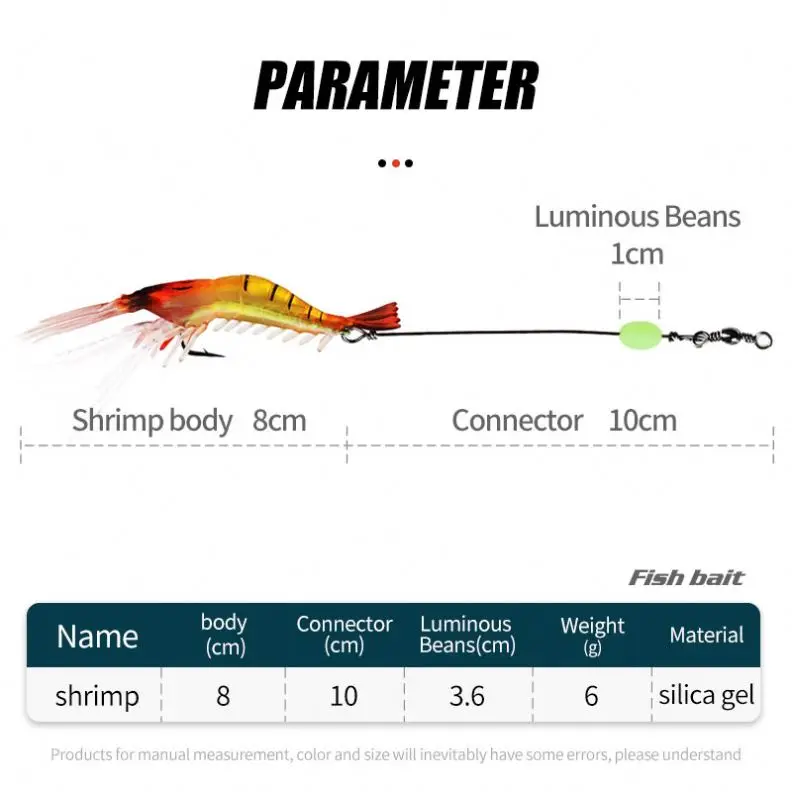 Fishing Lure Built-In Hook Luminous Bait Shrimp Kit Noctilucent Luminous Shrimp Silicon Soft Artificial Bait Hooks Swivel Sabiki