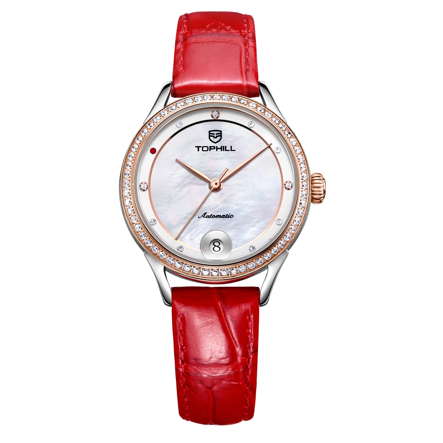 Tophill Custom OEM Luxury Diamond Stainless Steel Straps Swiss Automatic Movement Ladies Mechanical Womens Rose Gold Watches