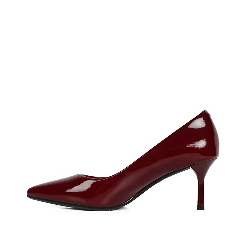 Recommend Nice Ladies Sexy Office Dress High Heel Women Pump Short Heel Burgundy Patent PU Pointed Toe Women High Heel Shoes