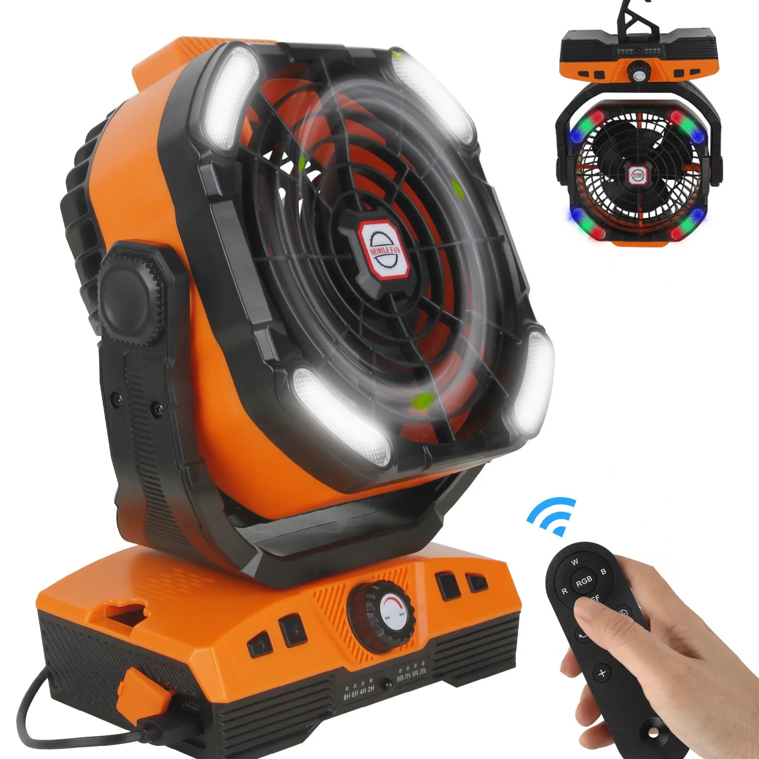 Portable USB Lithium Rechargeable Fan 20000 Mah Battery Operated Outdoor Camping Fan with RGBW LED Light