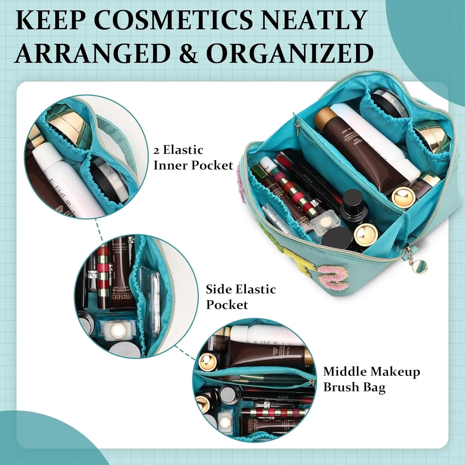 Preppy Makeup Bag, Large Capacity Travel Cosmetic Bag, Chenille Letter Open Flat Nylon Bag