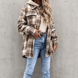 Women Long Sleeve Flannel Button Down Plaid Shacket Jacket Hooded Coat