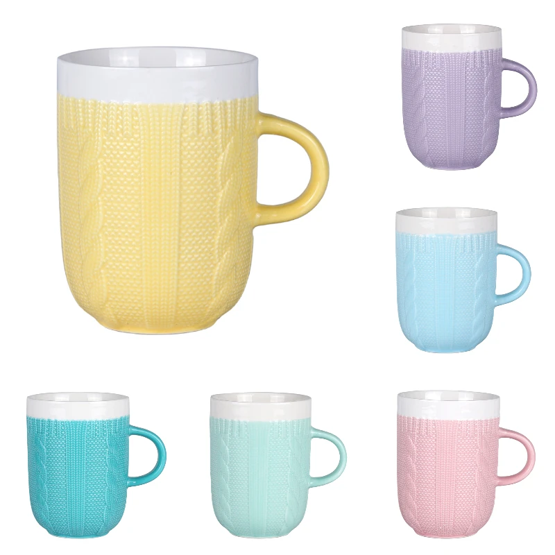 320ml Custom Decorative Green Blue Ceramic Embossed Mugs