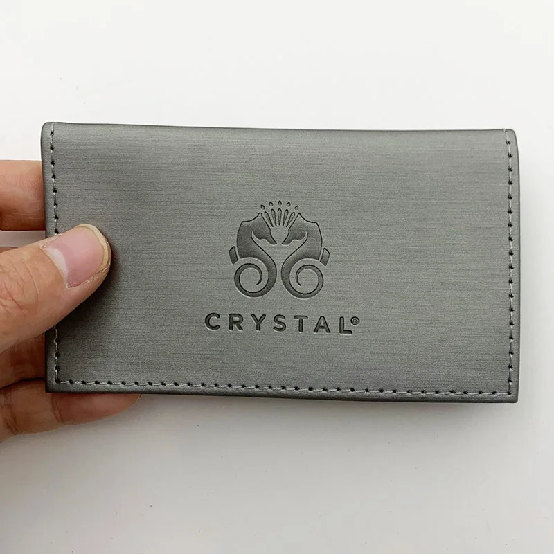 customized emboss logo soft silver pu leather hotel room key ID card holder