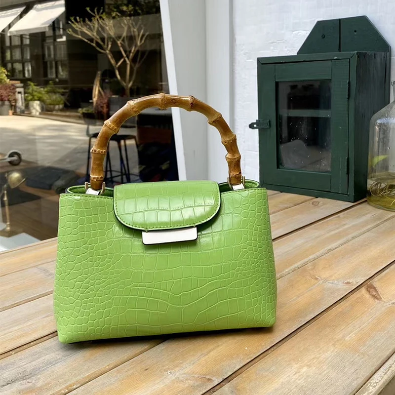 custom crocodile skin smooth leather bamboo handle ladies hand bag women bucket handbag