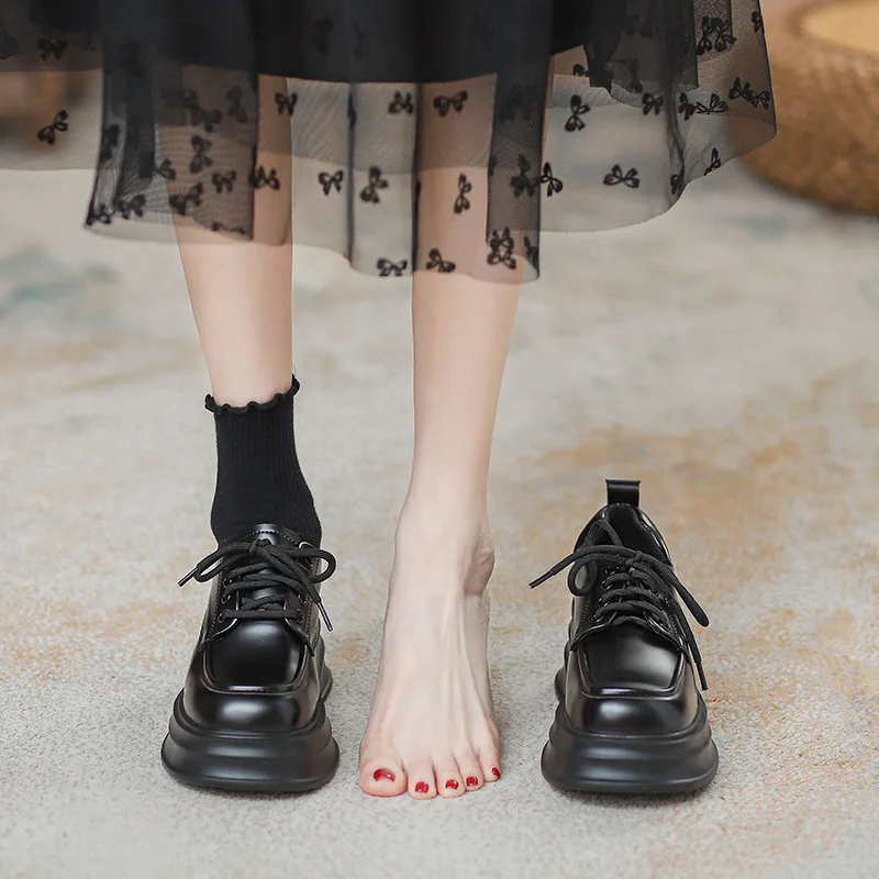 2024 new British wind muffin tie with female small high heel thick sole inside increase 8CM Loafer small leather shoes