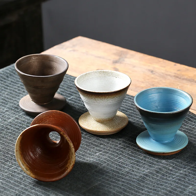 Retro Coarse Pottery Ceramic Filter Cup Kiln Changed Tea Cups Funnel Shape Drip Hand Brewed Coffee Cup Drip Coffee Pot Set