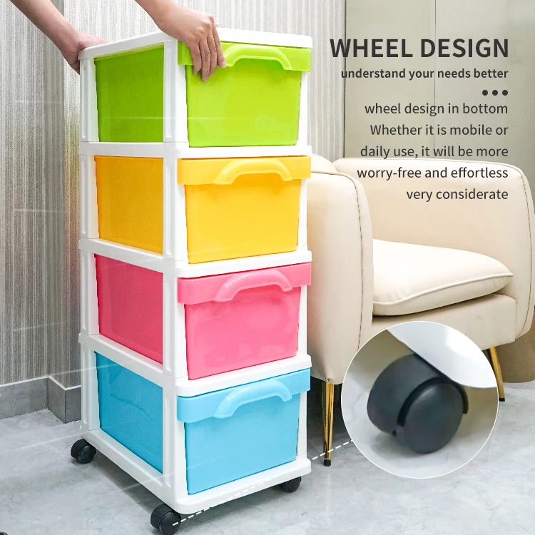 Home Living Room Bedroom Candy Colored 4 Layer Plastic Storage Drawer Cabinet Baby Kid Plastic Storage Box Drawer With Wheels