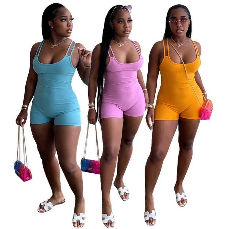 2022 Summer Hot sale Solid Color Ribbed Knit Short Jumpsuit Sleeveless Sport Casual Romper Women Tight Hip One Piece Jumpsuit