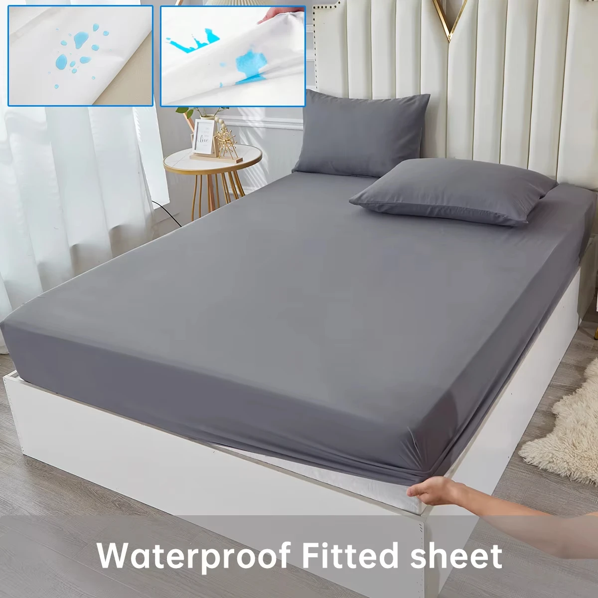 Waterproof Fitted sheet & Bed Sheet & Pillowcases Soft  Queen KIng  Full  Twin Size  White and Gray