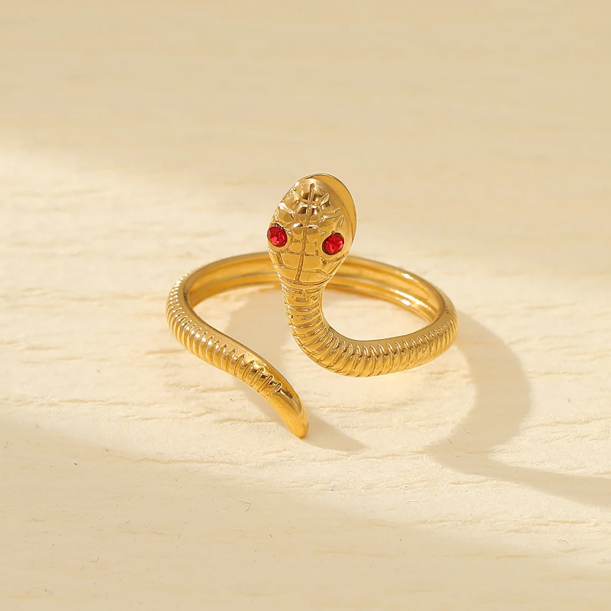 Personality Serpentine Snake Ring 18K PVD Gold Plated Stainless Steel Snake Eye Zircon Adjustable Open Ring Women Jewelry