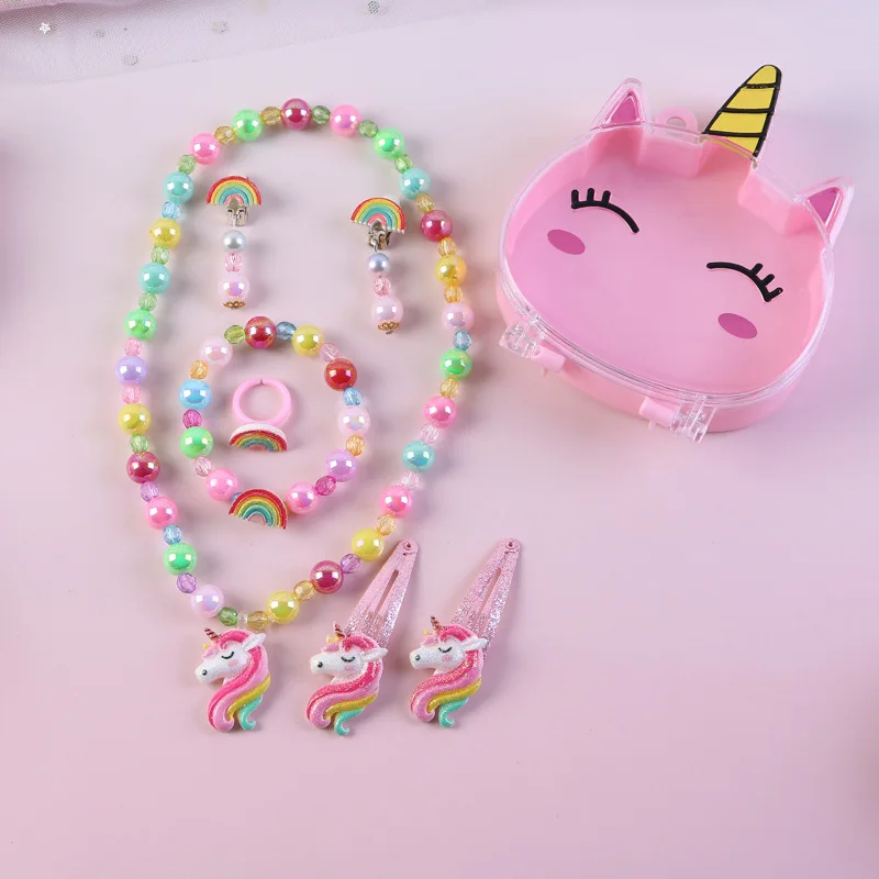 Cute Cartoon Girls Pearl Necklace Jewelry Unicorn Ring Kids Jewelry Box Set Wholesale