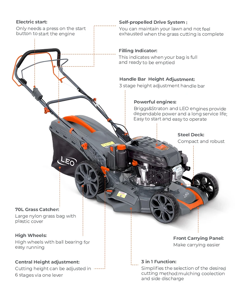 LEO LM51Ze-2L Electric Folding Handle Petrol Cutting Self-Propelled Lawn Mower 4-stroke