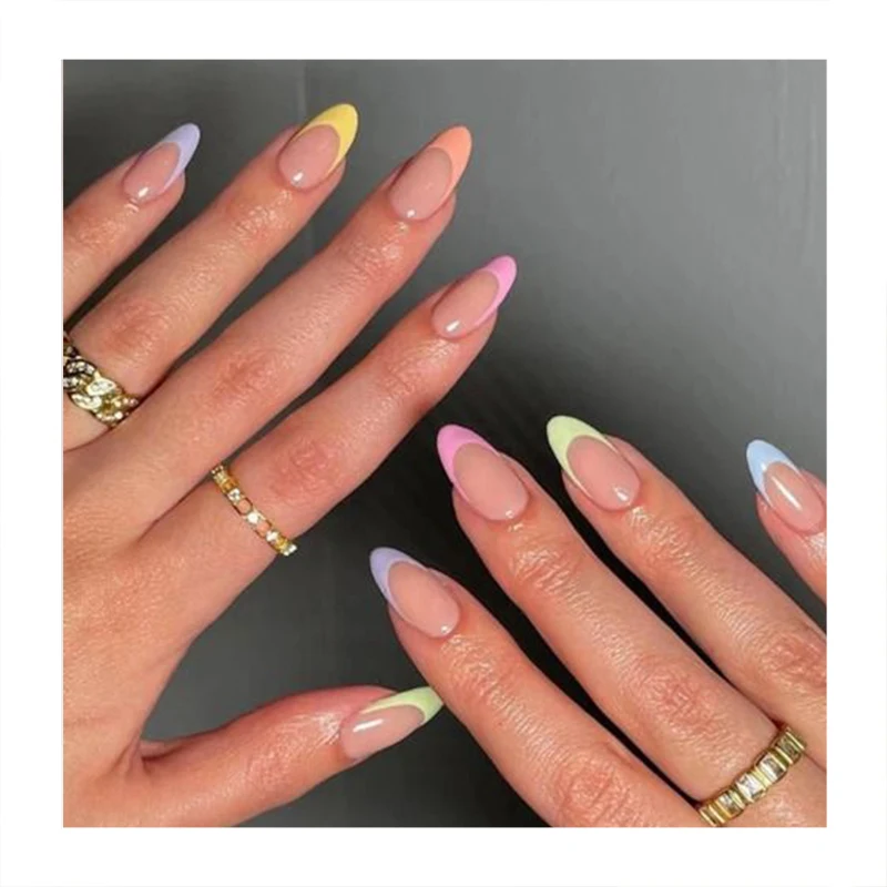 New Technology Private Label 24Pcs Chrome Long Almond False Nails Press On Designed Pink Handmade French Gel Press On Nails