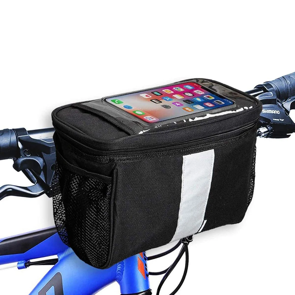 Bike Basket with Mesh Pocket Cold & Warm Insulation Reflective Strap Touchable Transparent Phone Pouch Bicycle Front Bag