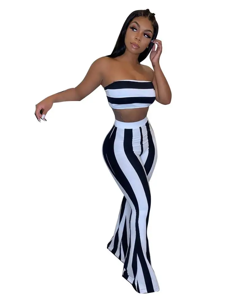 2022 New Arrival 2 Piece Set Women Off Shoulder Wrap Chest Flared Pants Patchwork Colorful Striped Suit For Women