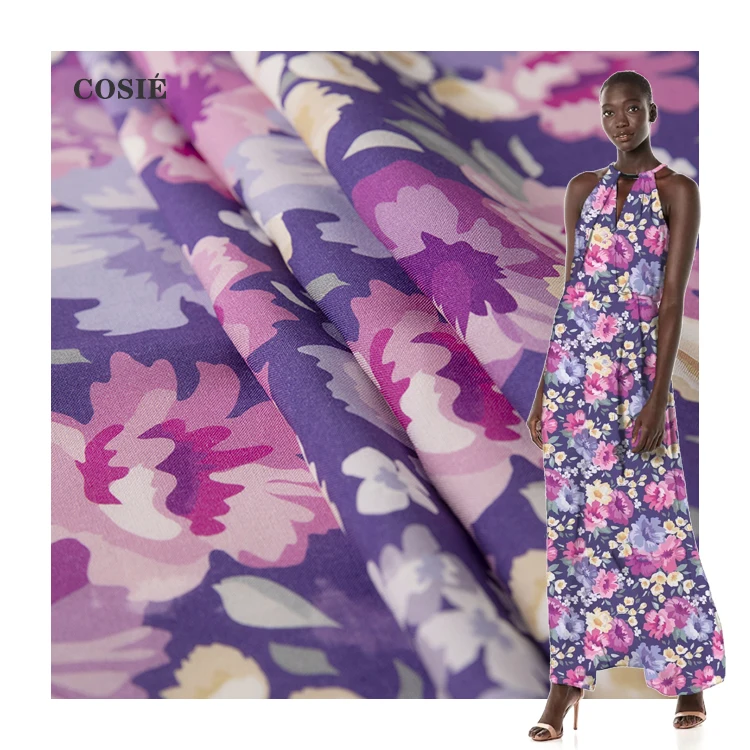 100% ткань «Чаллис» из искусственного шелка, цифровая печать на заказ, с розовыми цветочками на вискозной однотонной ткани 150gsm подходящих сумочек для вечеринок платье