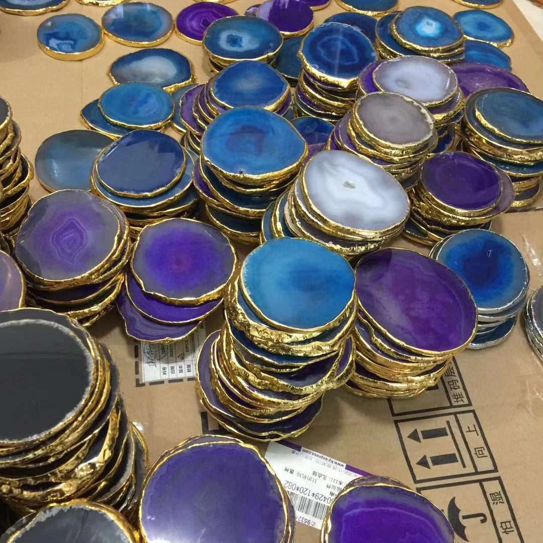 
Hot Selling Natural Purple Blue Agate Slice Holder Coaster with Silver Gold Trim for Drinks Cup Holder Gift Set 