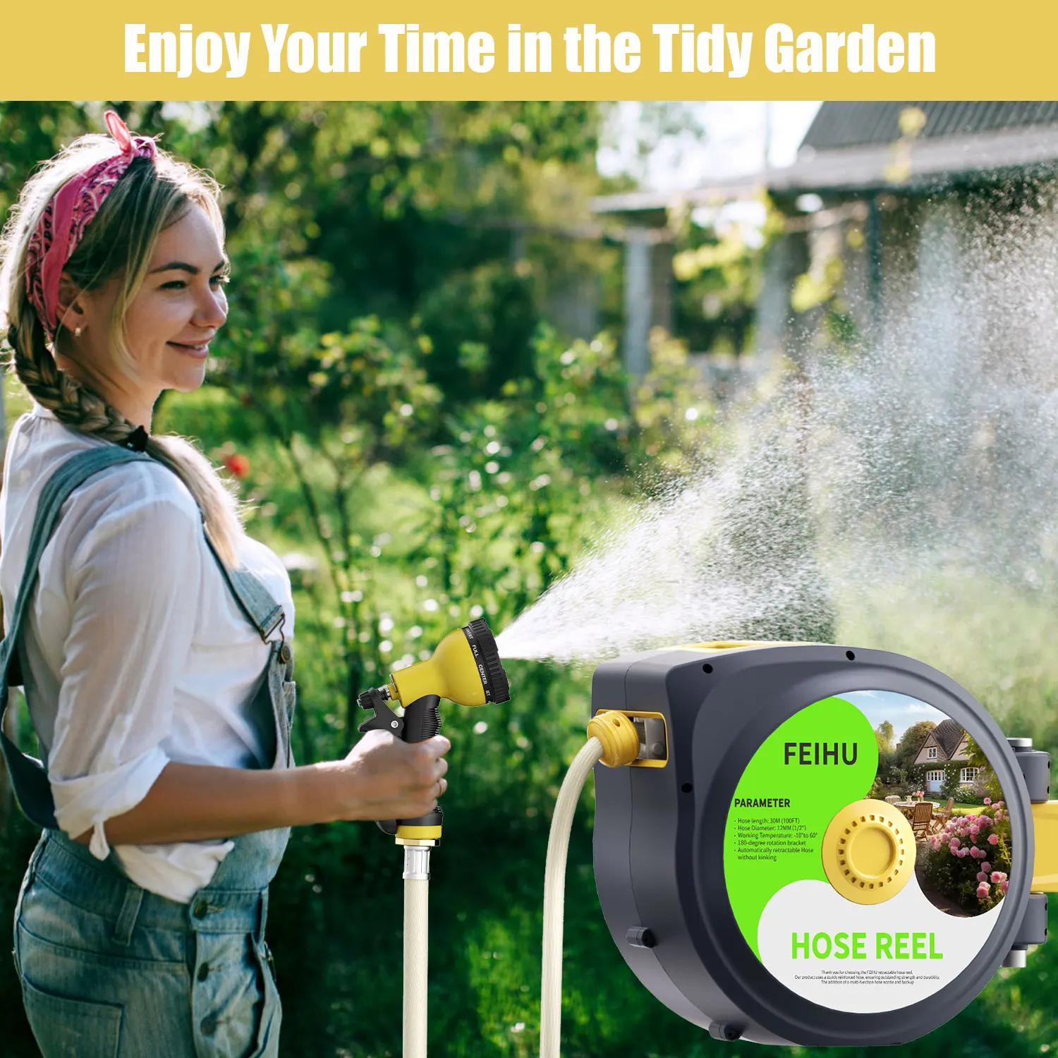 High 50FT Retractable Garden Hose Reel Wall Mounted Metal Water Hose Reel Smooth Automatic Rewind Lock Flexible Expandable
